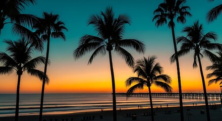 Obraz premium Beautiful sunset at the beach with palm trees silhouette and ocean view
