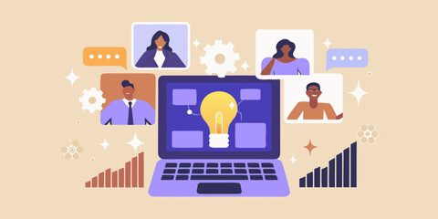 Diverse team collaborating on a bright idea through online video conference and digital brainstorming