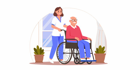 Caring nurse assisting an elderly man in a wheelchair with a smile and supportive hand