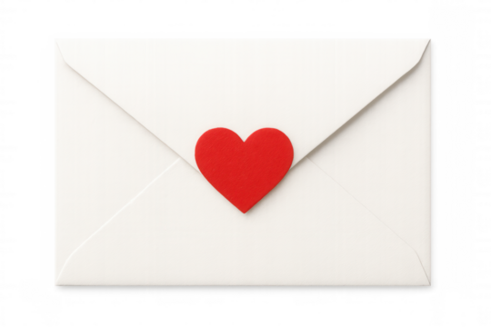 White envelope closed, red heart seal expressing romantic feelings, positioned against transparent backdrop
