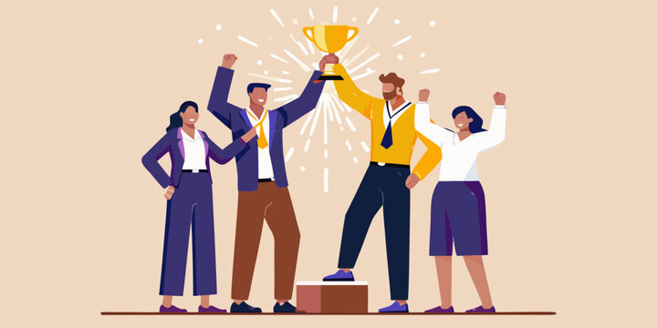 Diverse team celebrating victory holding a golden trophy on a podium with confetti and fireworks