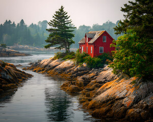 Scenic red house perched on rocky shoreline beside calm water, framed by lush trees in the background under soft daylight.