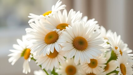 Fototapeta premium Fresh daisy bouquet bathed in soft sunlight, showcasing delicate pastel petals.