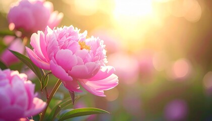 Obraz premium Beautiful Pink Peony Blossoms at Sunset with Soft Natural Light