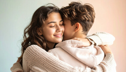 Teen mental health support and suicide prevention shown by two teenagers hugging with warm emotional expression