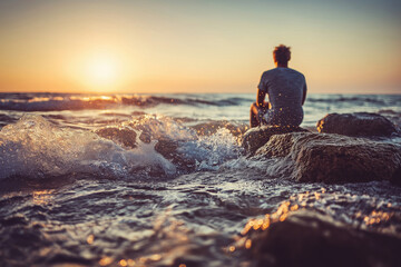 Sunset over ocean waves with a person reflecting on rocks by the shore