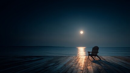 Wooden chair on dock under moonlight over calm ocean