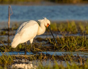 White bird wading in shallow water