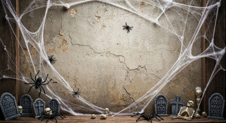 Spooky cobweb rustic wall black spider graveyard skull skeleton candle halloween vibes fill eerie scene with playful chill