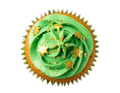 Holiday Cupcake with Green Frosting and Star Sprinkles, Overhead Angle, Transparent PNG