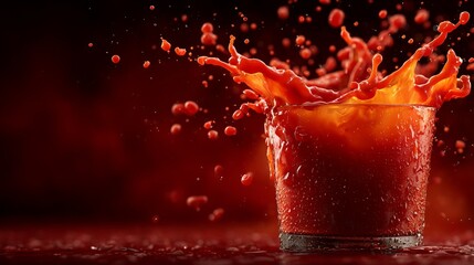 Tomato juice splashing out of a glass on dark background