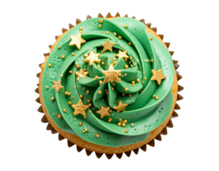  Holiday Cupcake with Green Frosting and Star Sprinkles, Overhead Angle, Transparent PNG