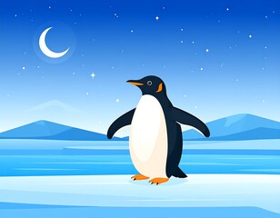 Obraz premium Cute penguin on icy landscape at night