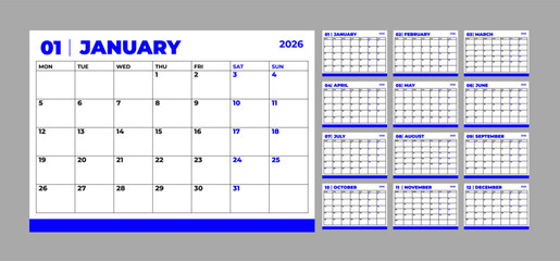 Versatile 2026 English calendar template in a clean and professional blue and white color scheme, calendar for corporate or personal planning, ideal for scheduling and time management