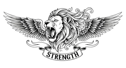 Fototapeta premium Majestic Lion Head with Outstretched Wings and a Banner Displaying the Word Strength in Detailed Line Art Style