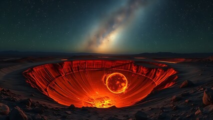 An otherworldly crater illuminated by glowing preservation symbols beneath a meteor shower.