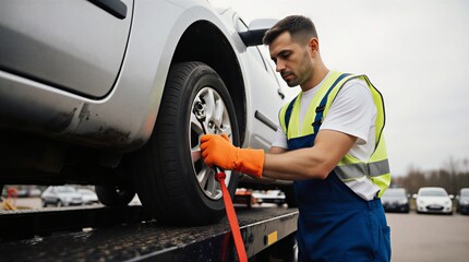 man fixing tire on towed vehicle in parking lot | towing, tire repair, vehicle service, roadside assistance, car repair theme