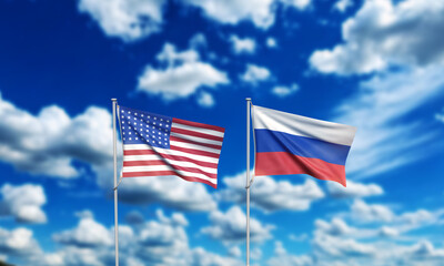 Usa russia united state america us russian flag waving blue sky cloudy white background wallpaper politic government conflict diplomacy international global negotiation agreement business usa russia