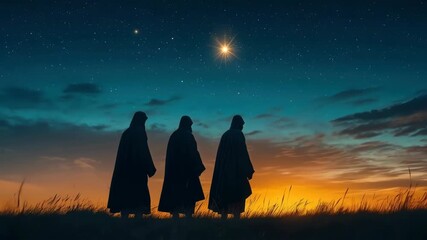 Three wise men following the star at twilight