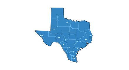 Detailed vector map of Texas featuring major cities in a stylized blue design against a plain background illustrating state borders and urban centers