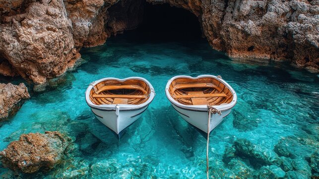 Two boats moored in a turquoise grotto under a rocky cave opening