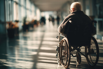Obraz premium Elderly person in wheelchair enjoying quiet moments in a bright corridor