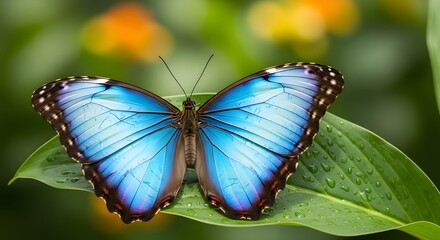 Obraz premium A vibrant blue butterfly with intricate wing patterns rests on a green leaf.