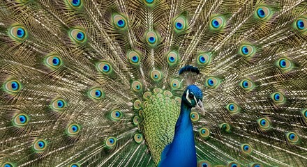 Obraz premium A vibrant peacock displays its elaborate, iridescent tail feathers in a full fan.