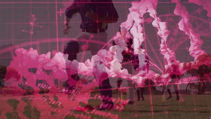 Five baseball players training fielding, ball causing fielder dropping knee, pink helix swirling - Powered by Adobe