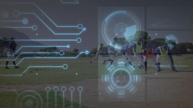 Players sprinting cones on visual cue in baseball training drill, cycling with HUD tracking speed