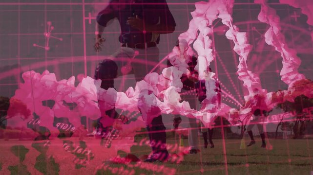 Five baseball players training fielding, ball causing fielder dropping knee, pink helix swirling