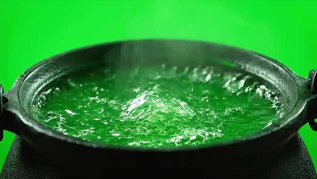 Bubbling green potion in a cauldron with steam rising, magical concept.