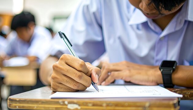 Close-up of a student taking a test in a classroom.  Focused on hands writing