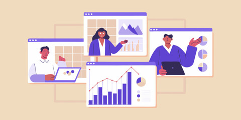 Diverse team collaborating on data analysis and business growth through online presentations