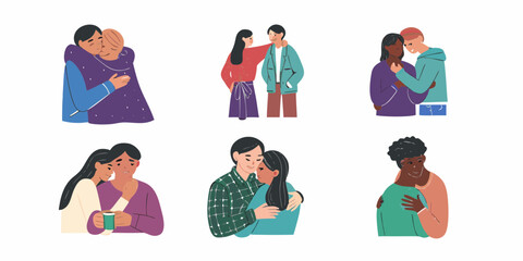 Diverse couples and friends embracing and showing affection in a heartwarming collection of illustrations