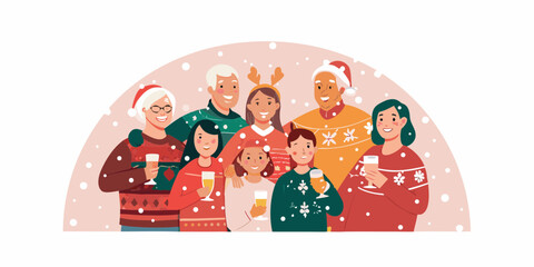 Happy diverse family wearing festive christmas sweaters and holding drinks celebrating together in the snow