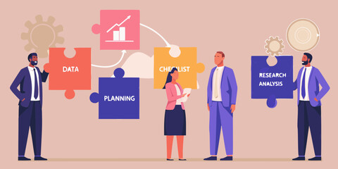 Business professionals collaborate on a jigsaw puzzle representing data planning checklist and research analysis process