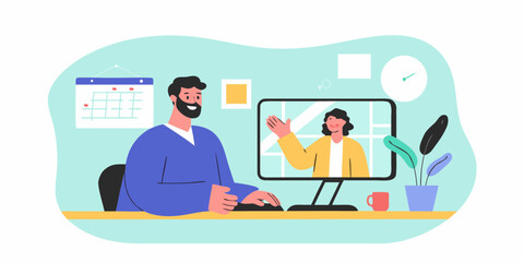 Man and woman having a video call meeting on computer screen in a modern office workspace