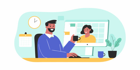 Man and woman having a video call conversation while working from home or office