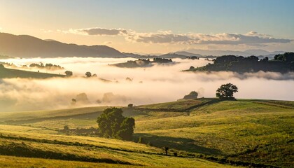 Obraz premium Misty Landscape with Rolling Hills and Golden Sunrise Over Fields