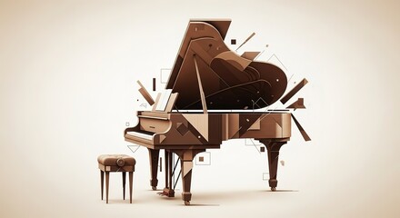 Geometric Grand: A stylized piano with floating shapes and a tuf