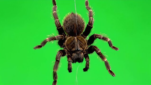 A large hairy tarantula spider hangs suspended by a silk thread against a vibrant green background.