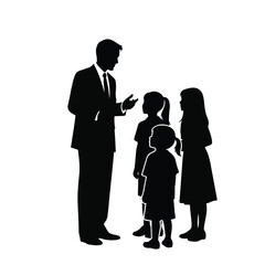 Silhouette of a man in a suit talking to three young girls.