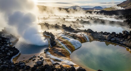 Geothermal pools steaming in volcanic landscape, Iceland.