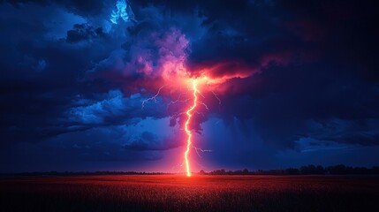 Vivid lightning bolt strikes a field under dark storm clouds