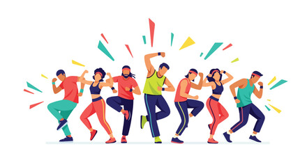 Energetic vector illustration of a group participating in a fitness dance class with colorful accents, promoting an active and healthy lifestyle