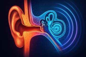 Obraz premium Detailed Anatomical Illustration of the Human Ear and Sound Wave Propagation