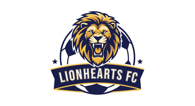 Lionhearts FC: A dynamic emblem of a roaring lion integrated with a soccer ball symbolising strength and sportsmanship - Powered by Adobe