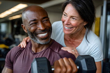 Healthy Relationships and Fitness Motivation in the Gym, Diverse Couple Training Together With Dumbbell, Sharing Laughter, and Encouraging Each Other