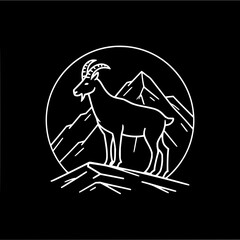 Fototapeta premium A white line drawing of a mountain goat standing on a peak with mountains in the background inside a circle